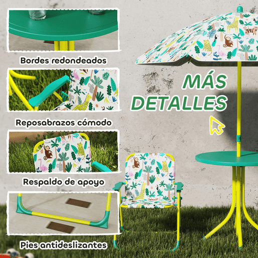 AIYAPLAY Conjunto Infantil de Mesa e Cadeiras de Jardim de 4 Peças Mesa com Cadeiras Dobráveis Chapéu de Sol Desmontável Design de Selva para Jardim Piquenique Verde