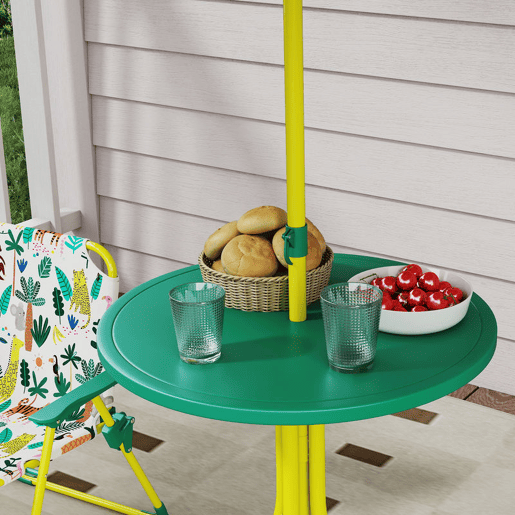 AIYAPLAY Conjunto Infantil de Mesa e Cadeiras de Jardim de 4 Peças Mesa com Cadeiras Dobráveis Chapéu de Sol Desmontável Design de Selva para Jardim Piquenique Verde