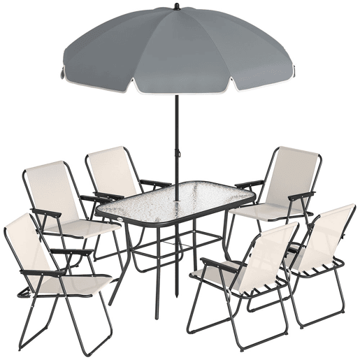 Outsunny Conjunto de Mesa e Cadeiras de Jardim de 8 Peças Móveis de Jardim para Exterior com Chapéu de Sol 6 Cadeiras Dobráveis Mesa de Vidro Temperado para Terraço Pátio Creme e Cinza
