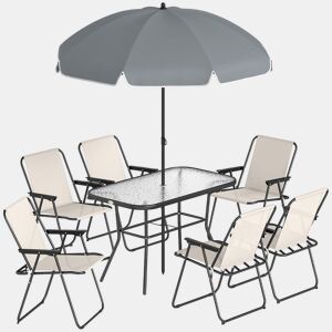 Outsunny Conjunto de Mesa e Cadeiras de Jardim de 8 Peças Móveis de Jardim para Exterior com Chapéu de Sol 6 Cadeiras Dobráveis Mesa de Vidro Temperado para Terraço Pátio Creme e Cinza