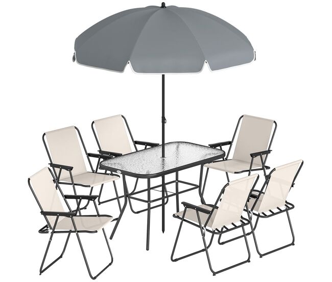 Outsunny conjunto de mesa y sillas jardín de 8 piezas, muebles de jardín exterior con sombrilla, 6 sillas plegables, mesa de vidrio templado, para terraza, patio, crema