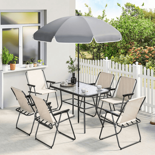Outsunny Conjunto de Mesa e Cadeiras de Jardim de 8 Peças Móveis de Jardim para Exterior com Chapéu de Sol 6 Cadeiras Dobráveis Mesa de Vidro Temperado para Terraço Pátio Creme e Cinza