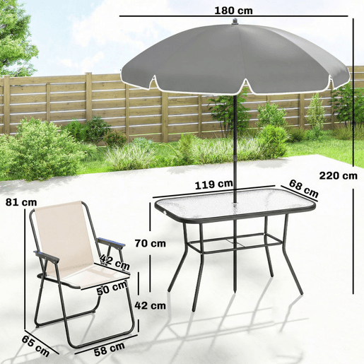 Outsunny Conjunto de Mesa e Cadeiras de Jardim de 8 Peças Móveis de Jardim para Exterior com Chapéu de Sol 6 Cadeiras Dobráveis Mesa de Vidro Temperado para Terraço Pátio Creme e Cinza