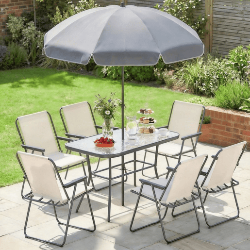 Outsunny Conjunto de Mesa e Cadeiras de Jardim de 8 Peças Móveis de Jardim para Exterior com Chapéu de Sol 6 Cadeiras Dobráveis Mesa de Vidro Temperado para Terraço Pátio Creme e Cinza