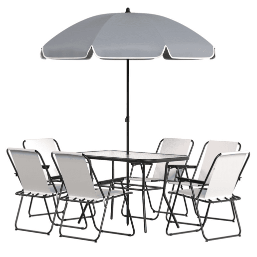 Outsunny Conjunto de Mesa e Cadeiras de Jardim de 8 Peças Móveis de Jardim para Exterior com Chapéu de Sol 6 Cadeiras Dobráveis Mesa de Vidro Temperado para Terraço Pátio Creme e Cinza