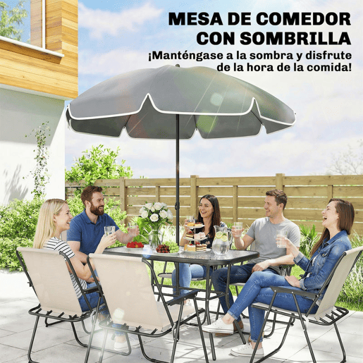 Outsunny Conjunto de Mesa e Cadeiras de Jardim de 8 Peças Móveis de Jardim para Exterior com Chapéu de Sol 6 Cadeiras Dobráveis Mesa de Vidro Temperado para Terraço Pátio Creme e Cinza