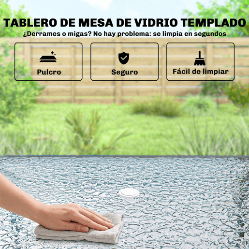 Outsunny Conjunto de Mesa e Cadeiras de Jardim de 8 Peças Móveis de Jardim para Exterior com Chapéu de Sol 6 Cadeiras Dobráveis Mesa de Vidro Temperado para Terraço Pátio Creme e Cinza