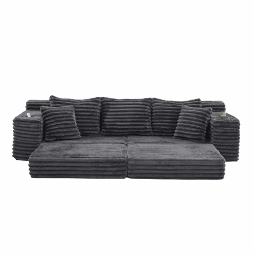 Sofá de 4 lugares - estofado em veludo cotelê, encosto alto, almofadas extra, bolsos laterais e porta-copos, convertível em cama - Cinza escuro