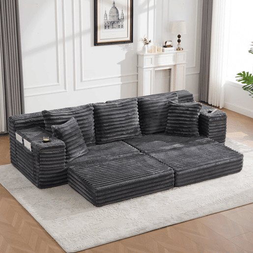 Sofá de 4 lugares - estofado em veludo cotelê, encosto alto, almofadas extra, bolsos laterais e porta-copos, convertível em cama - Cinza escuro
