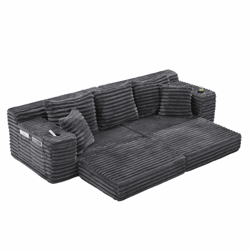 Sofá de 4 lugares - estofado em veludo cotelê, encosto alto, almofadas extra, bolsos laterais e porta-copos, convertível em cama - Cinza escuro