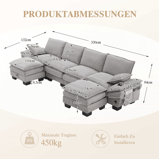 Sofá modular de 4 lugares - assento largo, design ergonómico, espuma de alta densidade, porta USB-C e bolsos laterais - cinzento claro