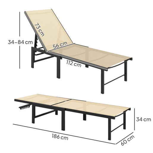 Outsunny Espreguiçadeira de Jardim Exterior, Reclinável com Encosto Ajustável em 4 Níveis e Estrutura de Aço, Impermeável, Capacidade 120 kg, para Pátio, Terraço, Varanda, 166x60x84 cm, Caqui
