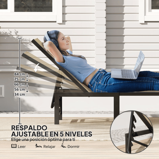 Outsunny Espreguiçadeira de Jardim Exterior, Reclinável com Encosto Ajustável em 4 Níveis e Estrutura de Aço, Impermeável, Capacidade 120 kg, para Pátio, Terraço, Varanda, 166x60x84 cm, Caqui