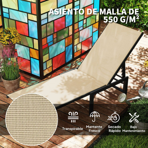 Outsunny Espreguiçadeira de Jardim Exterior, Reclinável com Encosto Ajustável em 4 Níveis e Estrutura de Aço, Impermeável, Capacidade 120 kg, para Pátio, Terraço, Varanda, 166x60x84 cm, Caqui