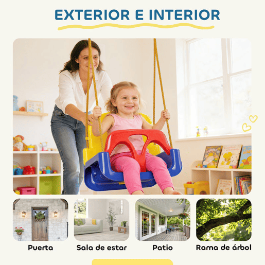 Outsunny Baloiço Infantil 3 em 1 Baloiço para Crianças Cordas Ajustáveis com Encosto Amovível Barra em T Cinto de Segurança para Interior e Exterior Apenas Assento Azul Escuro