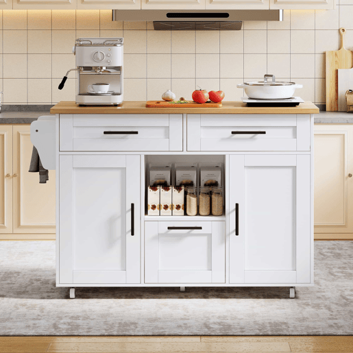 Carrinho de cozinha - Estilo nórdico moderno, rodas universais 360°, prateleiras com gavetas e barra para toalhas, bandeja dobrável e fecho silencioso com mola, design de armazenamento flexível - Branco