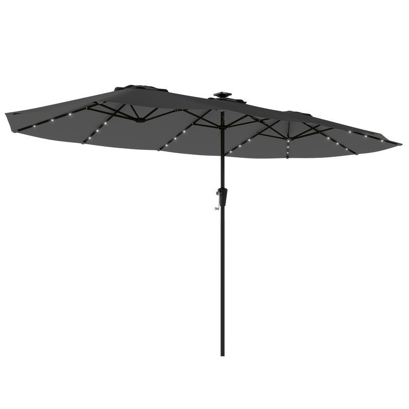 Outsunny sombrilla doble con 36 luces led solares, 4x2 m, sombrilla terraza exterior con manivela, upf50+, 12 varillas, resistente al agua, parasol para jardín, terraza, patio, gris oscuro