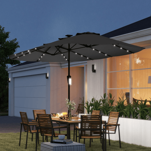 Outsunny Chapéu de Sol Duplo com 36 Luzes LED Solares 4x2 m Chapéu de Sol para Exterior com Manivela UPF50+ 12 Varas Resistente à Água Chapéu de Sol para Jardim Terraço Pátio Cinza Escuro