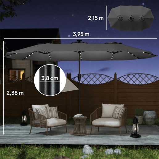 Outsunny Chapéu de Sol Duplo com 36 Luzes LED Solares 4x2 m Chapéu de Sol para Exterior com Manivela UPF50+ 12 Varas Resistente à Água Chapéu de Sol para Jardim Terraço Pátio Cinza Escuro