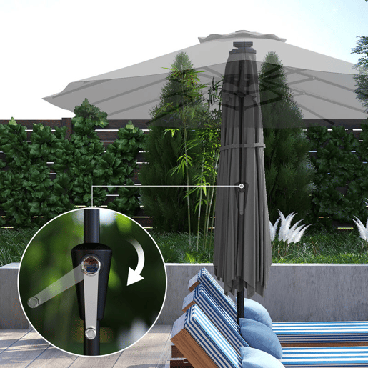 Outsunny Chapéu de Sol Duplo com 36 Luzes LED Solares 4x2 m Chapéu de Sol para Exterior com Manivela UPF50+ 12 Varas Resistente à Água Chapéu de Sol para Jardim Terraço Pátio Cinza Escuro