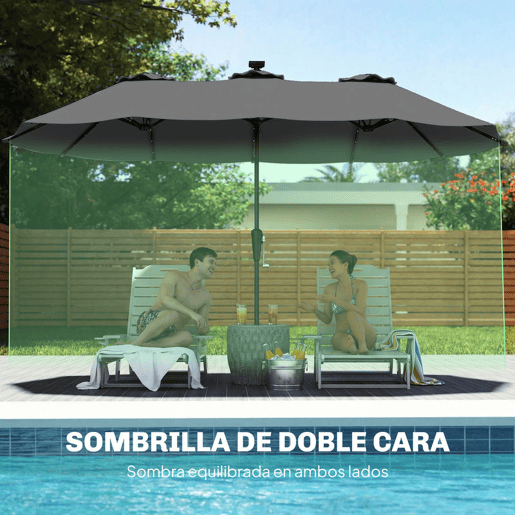 Outsunny Chapéu de Sol Duplo com 36 Luzes LED Solares 4x2 m Chapéu de Sol para Exterior com Manivela UPF50+ 12 Varas Resistente à Água Chapéu de Sol para Jardim Terraço Pátio Cinza Escuro