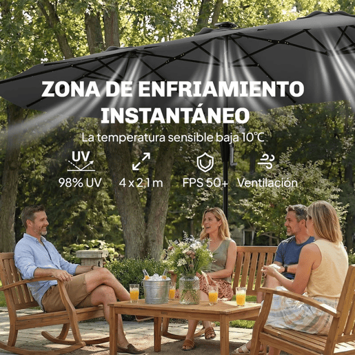 Outsunny Chapéu de Sol Duplo com 36 Luzes LED Solares 4x2 m Chapéu de Sol para Exterior com Manivela UPF50+ 12 Varas Resistente à Água Chapéu de Sol para Jardim Terraço Pátio Cinza Escuro