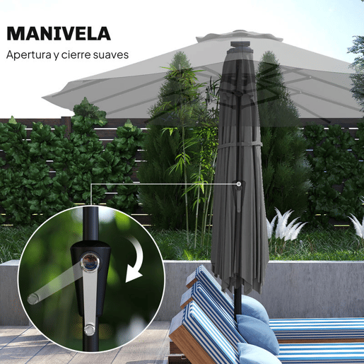 Outsunny Chapéu de Sol Duplo com 36 Luzes LED Solares 4x2 m Chapéu de Sol para Exterior com Manivela UPF50+ 12 Varas Resistente à Água Chapéu de Sol para Jardim Terraço Pátio Cinza Escuro