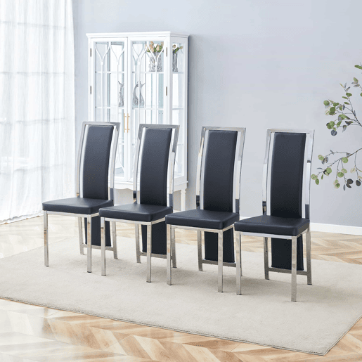 Cadeiras de sala de jantar 4 unidades 109 cm - design minimalista europeu, estofadas em PU com estrutura metálica brilhante - preto e prateado