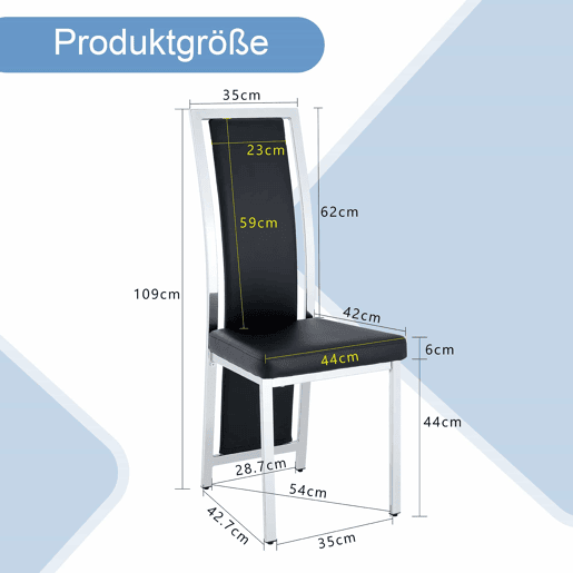 Cadeiras de sala de jantar 4 unidades 109 cm - design minimalista europeu, estofadas em PU com estrutura metálica brilhante - preto e prateado