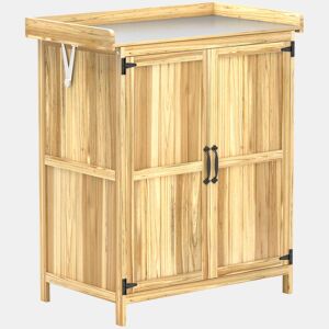 Outsunny Armário de Exterior em Madeira Caseta de Jardim com Tampo Basculante em Aço Inoxidável Prateleira 2 Portas Armário de Jardim para Armazenamento de Ferramentas 74x43x88 cm Madeira