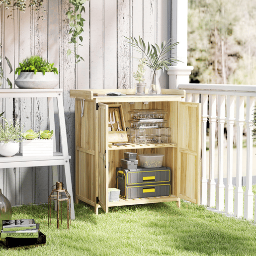 Outsunny Armário de Exterior em Madeira Caseta de Jardim com Tampo Basculante em Aço Inoxidável Prateleira 2 Portas Armário de Jardim para Armazenamento de Ferramentas 74x43x88 cm Madeira