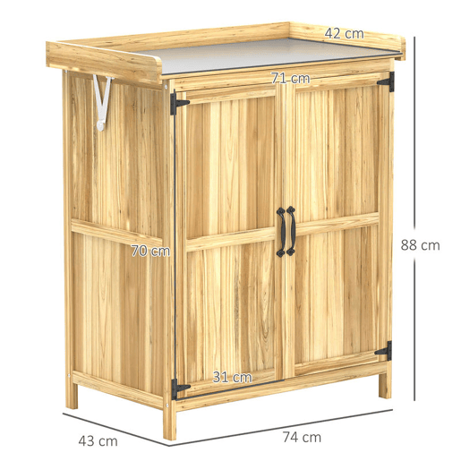 Outsunny Armário de Exterior em Madeira Caseta de Jardim com Tampo Basculante em Aço Inoxidável Prateleira 2 Portas Armário de Jardim para Armazenamento de Ferramentas 74x43x88 cm Madeira