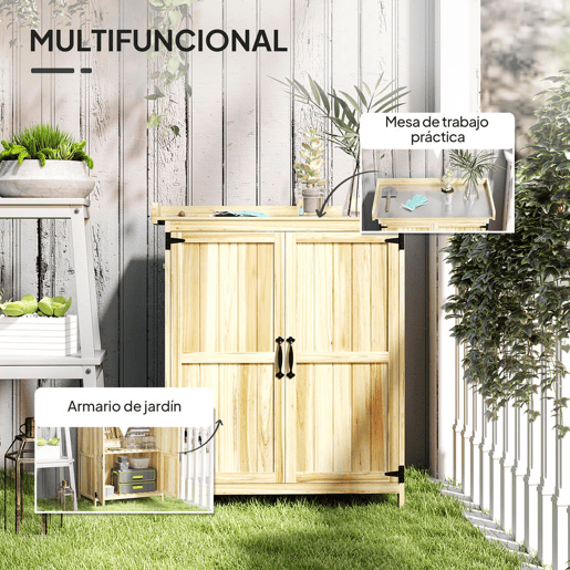Outsunny Armário de Exterior em Madeira Caseta de Jardim com Tampo Basculante em Aço Inoxidável Prateleira 2 Portas Armário de Jardim para Armazenamento de Ferramentas 74x43x88 cm Madeira