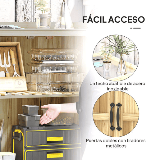 Outsunny Armário de Exterior em Madeira Caseta de Jardim com Tampo Basculante em Aço Inoxidável Prateleira 2 Portas Armário de Jardim para Armazenamento de Ferramentas 74x43x88 cm Madeira