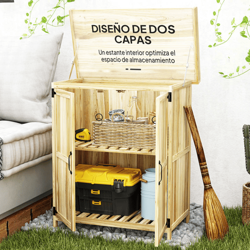 Outsunny Armário de Exterior em Madeira Caseta de Jardim com Tampo Basculante em Aço Inoxidável Prateleira 2 Portas Armário de Jardim para Armazenamento de Ferramentas 74x43x88 cm Madeira