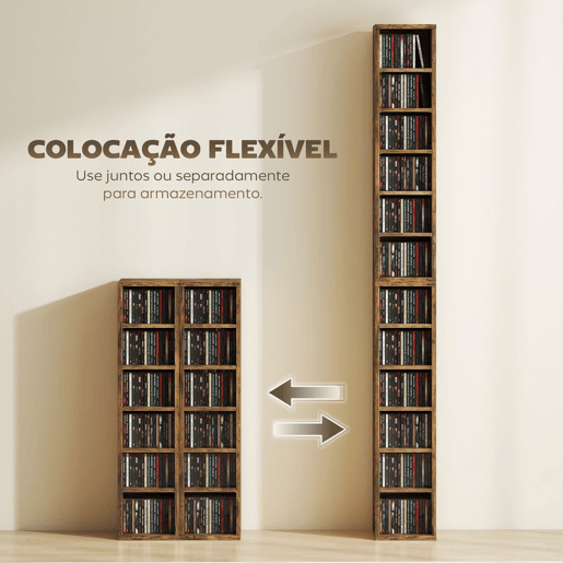 HOMCOM Estante para CD ou DVD Suporte para CD com 12 Compartimentos para 204 CDs e Prateleira Ajustável para Sala de Estar Dormitório Escritório 2 Unidades 21x22,5x88,5 cm Castanho Rústico HOMCOM Estante para CD ou DVD Suporte para CD com 12 Compartimentos para 204 CDs e Prateleira Ajustável para Sala de Estar Dormitório Escritório 2 Unidades 21x22,5x88,5 cm Castanho Rústico