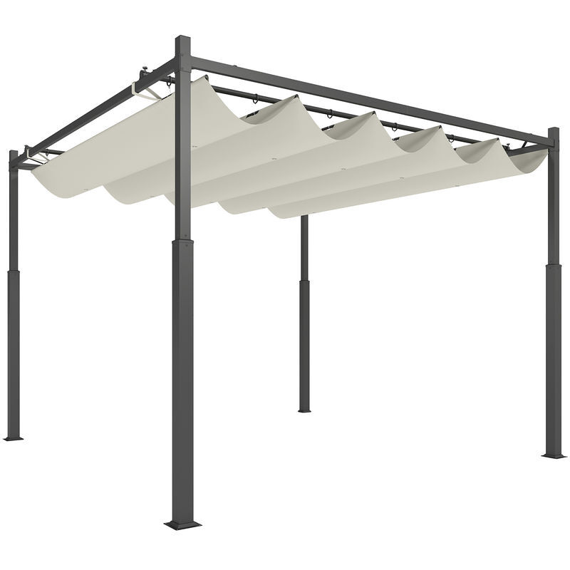 Outsunny pérgola de jardín 3x3 m con techo retráctil y accesorio magnético, cenador de jardín con protección uv30+, columnas metálicas y ganchos, pabellón para patio, terraza, exterior, blanco crema