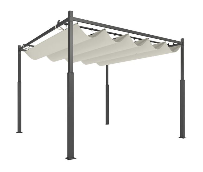 Outsunny pérgola de jardín 3x3 m con techo retráctil y accesorio magnético, cenador de jardín con protección uv30+, columnas metálicas y ganchos, pabellón para patio, terraza, exterior, blanco crema