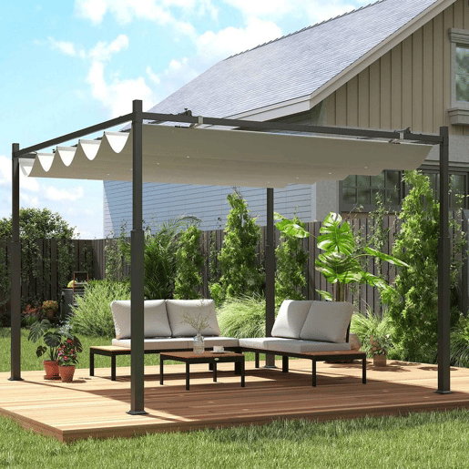 Outsunny Pérgola de Jardim 3x3 m com Teto Retráctil e Acessório Magnético Pérgola de Jardim com Proteção UV30+ Colunas Metálicas e Ganchos Pérgola para Pátio, Terraço, Exterior Creme