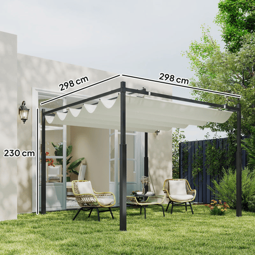Outsunny Pérgola de Jardim 3x3 m com Teto Retráctil e Acessório Magnético Pérgola de Jardim com Proteção UV30+ Colunas Metálicas e Ganchos Pérgola para Pátio, Terraço, Exterior Creme