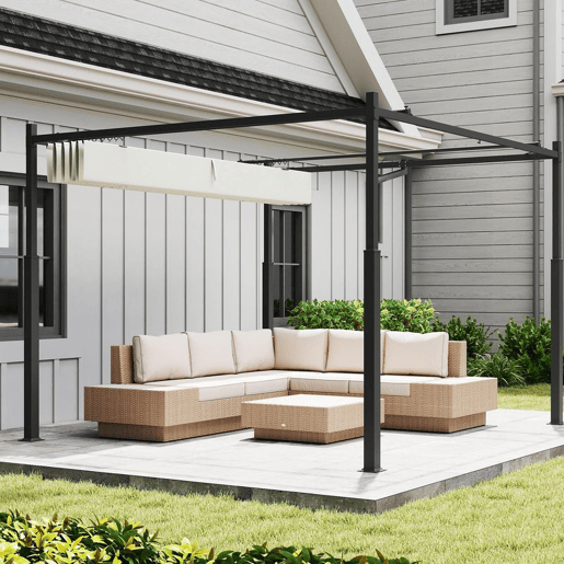Outsunny Pérgola de Jardim 3x3 m com Teto Retráctil e Acessório Magnético Pérgola de Jardim com Proteção UV30+ Colunas Metálicas e Ganchos Pérgola para Pátio, Terraço, Exterior Creme
