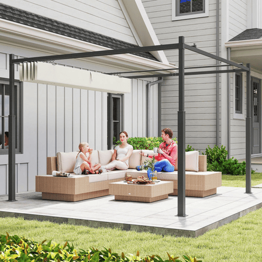 Outsunny Pérgola de Jardim 3x3 m com Teto Retráctil e Acessório Magnético Pérgola de Jardim com Proteção UV30+ Colunas Metálicas e Ganchos Pérgola para Pátio, Terraço, Exterior Creme