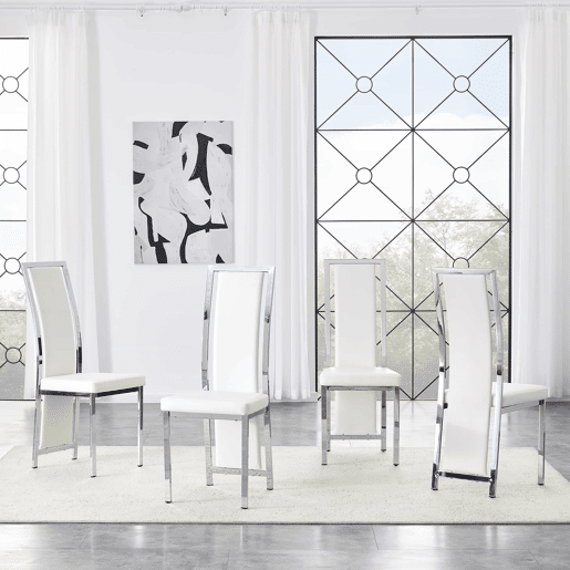 Cadeiras de sala de jantar 4 unidades 109 cm - design minimalista europeu, estofadas em couro sintético PU com estrutura metálica brilhante - branco e prata