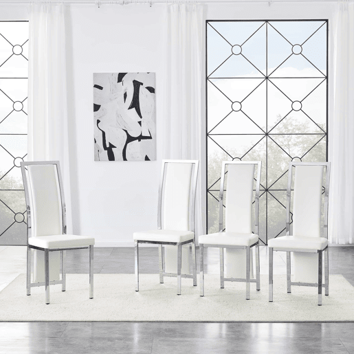 Cadeiras de sala de jantar 4 unidades 109 cm - design minimalista europeu, estofadas em couro sintético PU com estrutura metálica brilhante - branco e prata