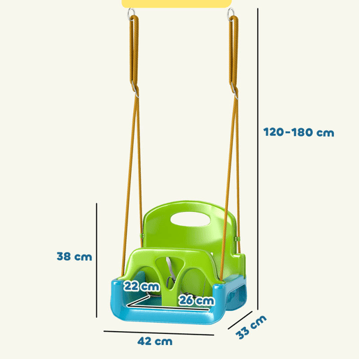 Outsunny Baloiço Infantil 3 em 1 Baloiço para Crianças Cordas Ajustáveis com Encosto Removível Barra em T Cinto de Segurança para Interior e Exterior Verde Escuro