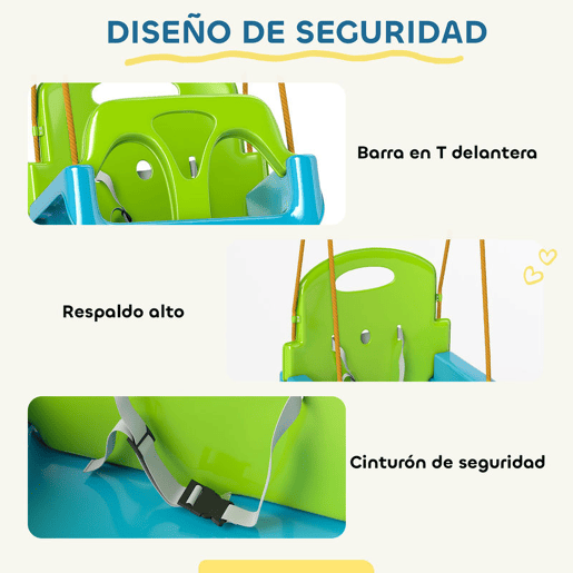 Outsunny Baloiço Infantil 3 em 1 Baloiço para Crianças Cordas Ajustáveis com Encosto Removível Barra em T Cinto de Segurança para Interior e Exterior Verde Escuro