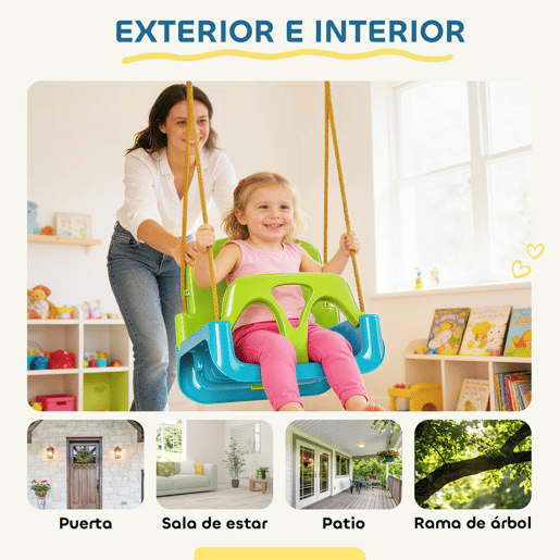 Outsunny Baloiço Infantil 3 em 1 Baloiço para Crianças Cordas Ajustáveis com Encosto Removível Barra em T Cinto de Segurança para Interior e Exterior Verde Escuro