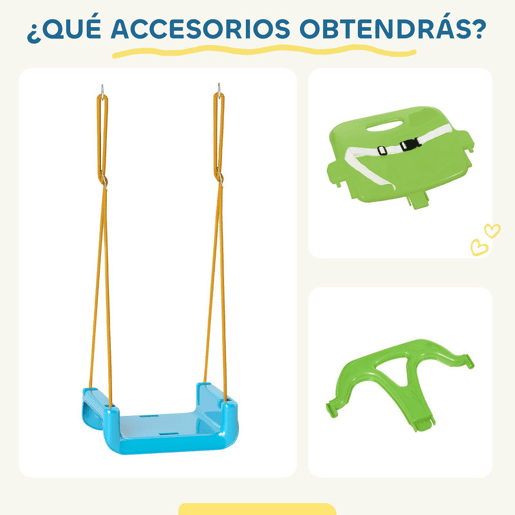 Outsunny Baloiço Infantil 3 em 1 Baloiço para Crianças Cordas Ajustáveis com Encosto Removível Barra em T Cinto de Segurança para Interior e Exterior Verde Escuro