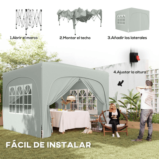 Outsunny Tenda Dobrável Tenda 3x3 m com Painéis Laterais UPF50+ Tenda de Jardim com Altura Ajustável e Bolsa de Transporte para Campismo Festas Pátio Cinza Claro