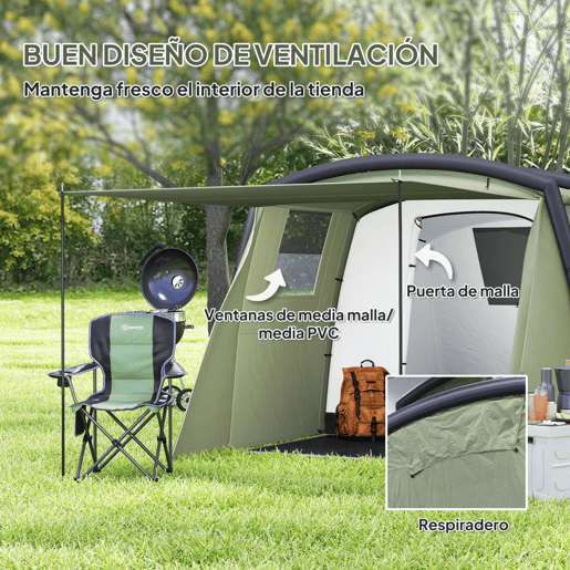 Outsunny Tenda de Campismo Inflável Familiar Tipo Túnel para 3-4 Pessoas Tenda de Campismo Glamping com Vestíbulo Janelas de Malha e Bolsa de Transporte Proteção UV 50+ Impermeável para Exterior